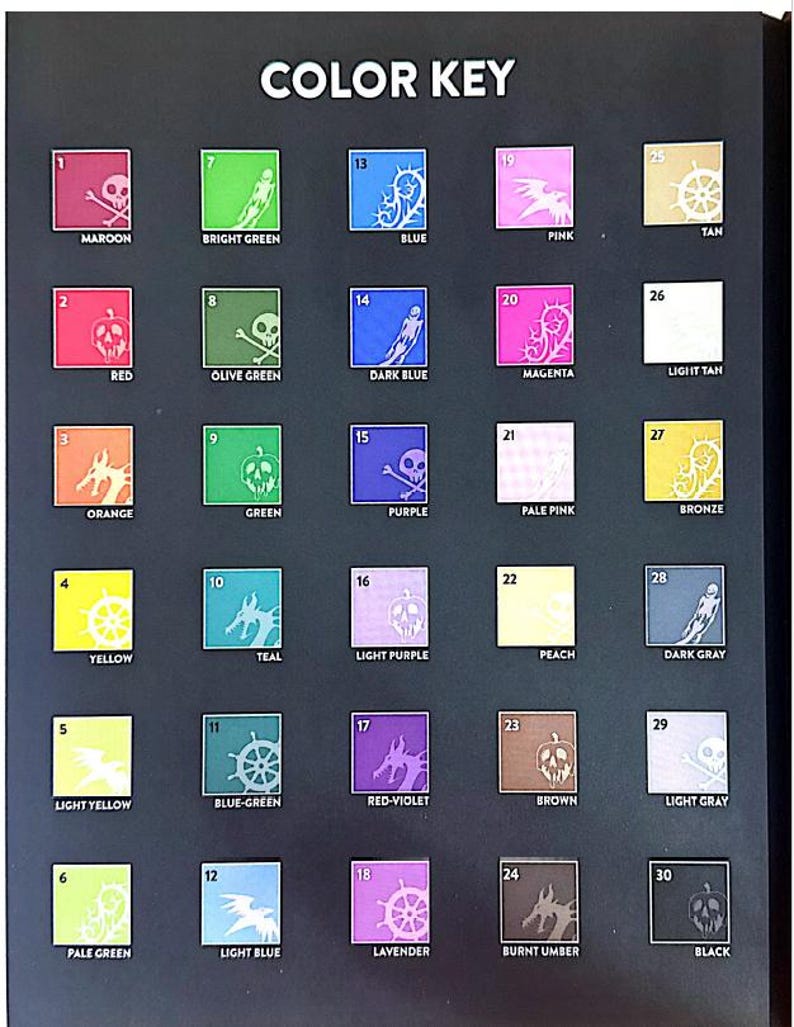 May include: Color key chart with 30 color swatches, each with a number and a name. The swatches are arranged in a grid of 5 columns and 6 rows. The colors include maroon, bright green, blue, pink, tan, red, olive green, dark blue, magenta, light tan, orange, green, purple, pale pink, bronze, yellow, teal, light purple, peach, dark gray, light yellow, blue-green, red-violet, brown, light gray, pale green, light blue, lavender, burnt umber, and black.