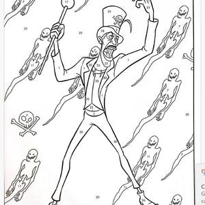 May include: A black and white connect-the-dots coloring page featuring a cartoon character with a top hat and a cane. The character is surrounded by ghosts and skulls. The numbers 1 through 30 are scattered throughout the image.