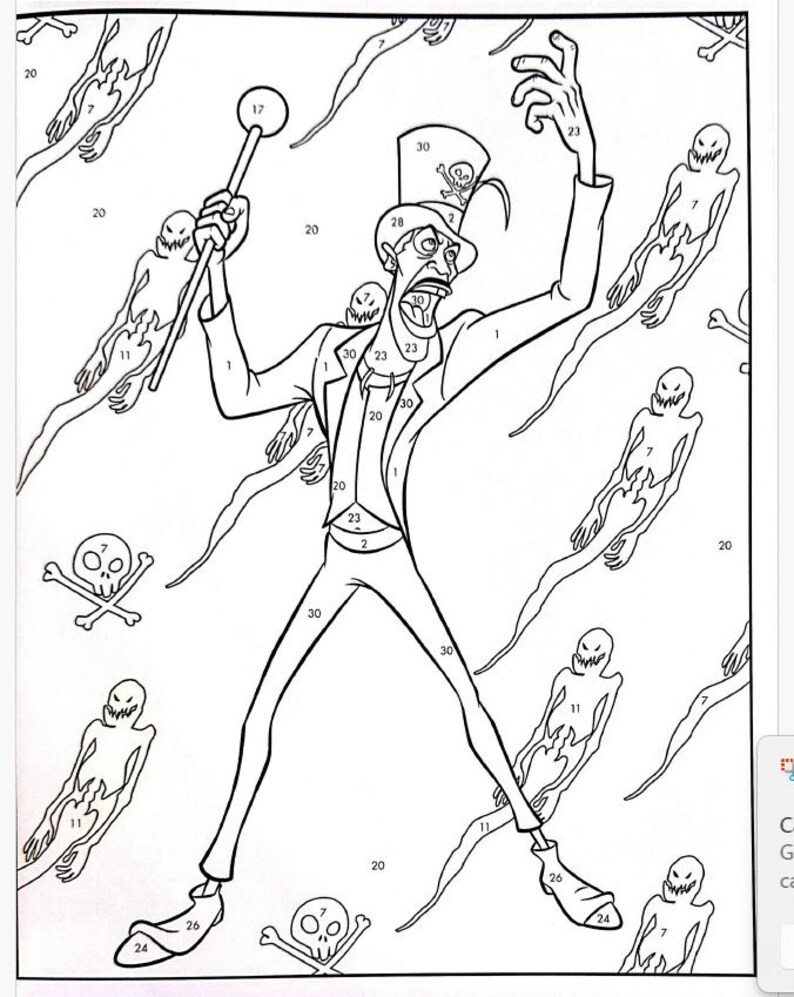 May include: A black and white connect-the-dots coloring page featuring a cartoon character with a top hat and a cane. The character is surrounded by ghosts and skulls. The numbers 1 through 30 are scattered throughout the image.