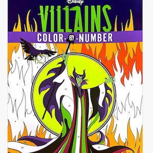 May include: Color-by-number coloring book featuring Maleficent from Disney's Sleeping Beauty. The image shows Maleficent holding her staff with a green, black, and purple color scheme. The background is a fiery orange and yellow.