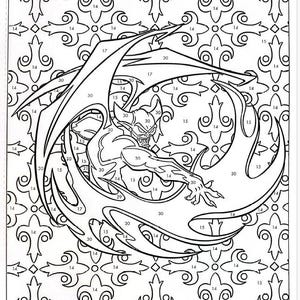 May include: A black and white paint-by-number illustration of a mythical creature with wings and claws. The image is divided into numbered sections, each corresponding to a specific color. The numbers range from 10 to 30.