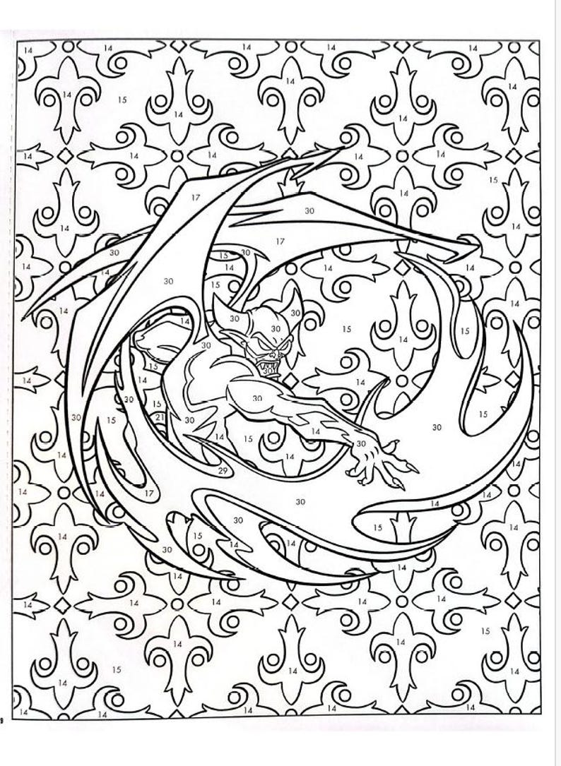 May include: A black and white paint-by-number illustration of a mythical creature with wings and claws. The image is divided into numbered sections, each corresponding to a specific color. The numbers range from 10 to 30.