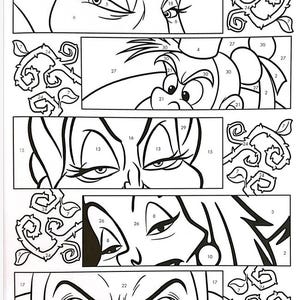 May include: A black and white coloring page featuring a cartoon image of a woman with a wicked expression. The image is divided into sections, each with a number. The numbers correspond to the colors that should be used to color the image. The image is surrounded by a border of thorns.