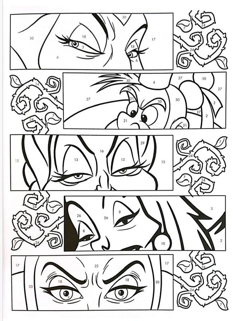May include: A black and white coloring page featuring a cartoon image of a woman with a wicked expression. The image is divided into sections, each with a number. The numbers correspond to the colors that should be used to color the image. The image is surrounded by a border of thorns.