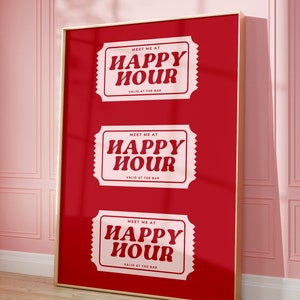 Happy Hour Ticket Red Art Print | Instant Download | Bar Cart Decor Cocktail Poster | Party Signature Drink Sign | Minimalist Elegant Retro