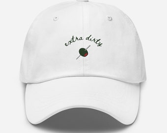 Extra Dirty Martini Embroidered Dad Hat in White, Bachelorette Party Hat