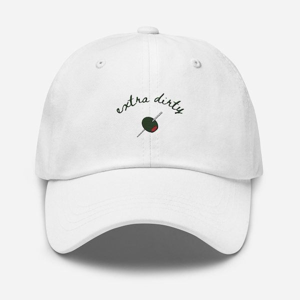 Extra Dirty Martini Embroidered Dad Hat in White, Bachelorette Party Hat