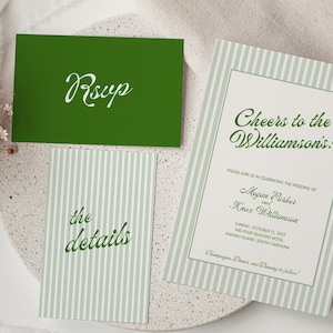 3-teilige elegante grüne Hochzeitseinladungsfolge, benutzerdefinierte bearbeitbare digitale Vorlage, Hochzeitseinladung, Antwortkarten, Detailkarten, Adrettereinladung