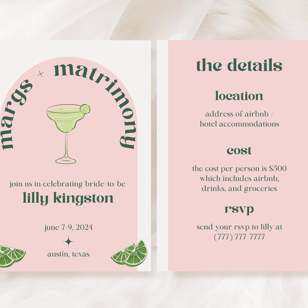 Margs and Matrimony Bachelorette Invitation and Itinerary Digital Template, Custom Bachelorette Party Template
