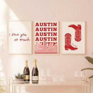 Austin Texas Trio Art Prints (Set of 3) Red and White | Instant Download | Bar Cart Decor Poster | Party Queen Sign | Minimalist Retro