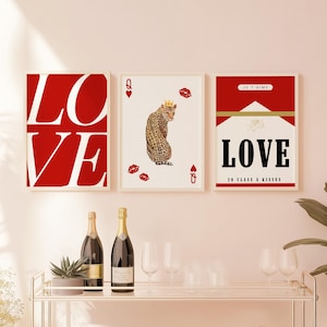 LOVE Trio Art Red Prints (zestaw 3) | Natychmiastowe pobranie | Plakat z motywem serca w kształcie wózka barowego | Znak „Party Queen” | Minimalistyczny, elegancki retro