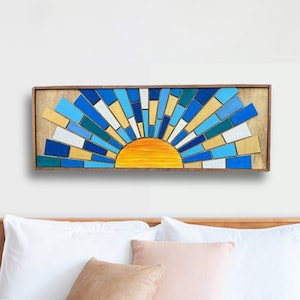 Blue Sun Rise Mosaic Wood Wall Art Sunset Wooden Wall hanging Sunrise Barn Quilt Sunshine Living Room Long Wall Art Headboard MotherDay Gift