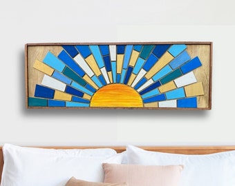 Blue Sun Rise Mosaic Wood Wall Art Sunset Wooden Wall hanging Sunrise Barn Quilt Sunshine Living Room Long Wall Art Headboard MotherDay Gift