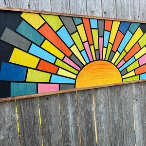 Sun Set Mosaic Wood Wall Art Sunrise Wooden Wall hanging Sunset Barn Quilt Sunshine Living Room Long Wall Art Headboard Decor Mother Gift