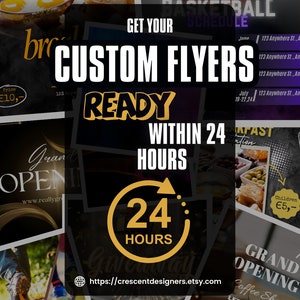 May include: A promotional graphic with the text "GET YOUR CUSTOM FLYERS READY WITHIN 24 HOURS." The design includes a basketball, food images, and a 24-hour clock icon. The Etsy shop URL is also visible.