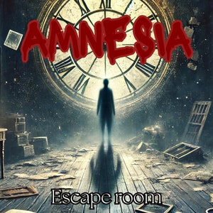 May include: A dark and mysterious escape room with a large clock face in the background. The clock face has Roman numerals and the word "AMNESIA" written in red letters across the face. The room is dimly lit and there is a figure standing in the middle of the room.