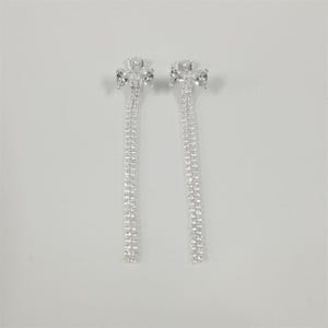 May include: A pair of silver-toned drop earrings. Each earring has a floral-shaped top with a cascade of small, sparkling stones. The earrings are designed to hang down, creating a delicate and elegant appearance.