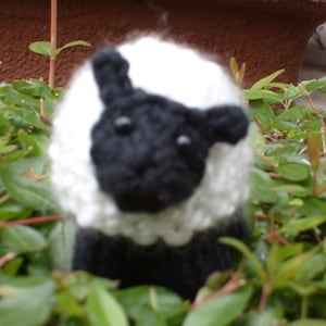 May include: A black and white knitted toy sheep with a fluffy white fleece and a black face. The sheep is sitting in a bed of green leaves.