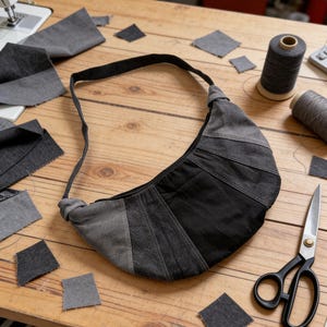 Borsa grande a mezzaluna in denim / Borsa a tracolla patchwork nera da 18" / Borsa hobo spaziosa a mezzaluna / Borsa tote larga grunge Y2K / Fatta a mano da Somi Design