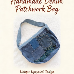 Large Upcycled Denim Hobo Bag, Patchwork Jean Tote with Floral Detail, Boho Slouchy Crossbody, Eco Friendly Remade Shoulder Bag, 22x16"