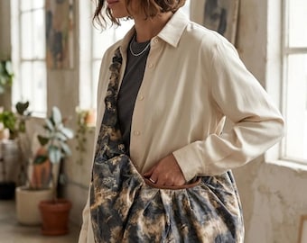 Large Cotton Canvas Crescent Bag, Slouchy Hobo Crossbody Bag, Printed Cotton Sling Bag, Oversized Shoulder Bag, Dark Forest Horse Print Bag