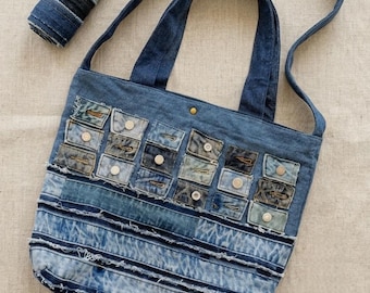 Upcycled Patchwork Denim Tote Bag | Whimsical Large Boho Jean Purse | Textured Metal Button Shoulder
