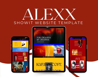 May include: A website template for creatives, featuring a red, yellow, and black color scheme with the text "KALEIDOSCOPE" in a bold, stylized font. The template is designed for use with the Showit website builder.