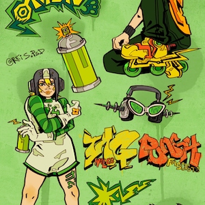 May include: Illustration featuring characters and graffiti art from the video game Jet Set Radio. The artwork includes characters with roller skates, spray paint cans, and the game's logo in a vibrant, comic book style.