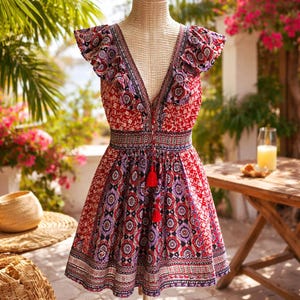 May include: A patterned dress in red, white, and purple, with a V-neck and frilled sleeves. The dress has a cinched waist and tassel detailing. The garment is displayed on a mannequin in an outdoor setting.