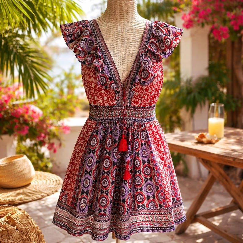 May include: A patterned dress in red, white, and purple, with a V-neck and frilled sleeves. The dress has a cinched waist and tassel detailing. The garment is displayed on a mannequin in an outdoor setting.