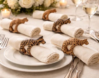 Servilleteros de madera hechos a mano con animales salvajes, regalos de inauguración de la casa, decoración de mesa, estilo bohemio cottagecore, para verano, primavera y Pascua.