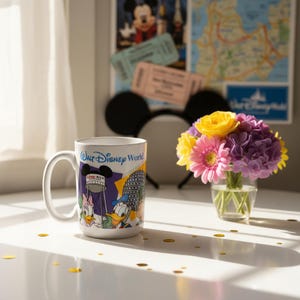 May include: White ceramic Walt Disney World mug featuring Donald Duck, Daisy Duck, and other characters. The mug has a handle and is decorated with a colorful design. A small bouquet of flowers sits next to the mug.