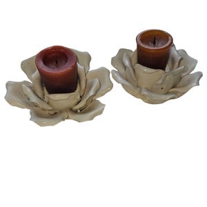 Vintage Late 20th Century Handmade Art Pottery Lotus Flower Votives Cream Ceramic Tea Light Holder Set Of 2 , USA