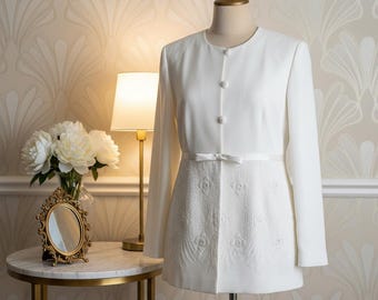Vintage Embroidered Beaded Jhon Meyer Collection Womens Formal Off White Bridal, Wedding Jacket,  Christmas Dress Coat Zize 14