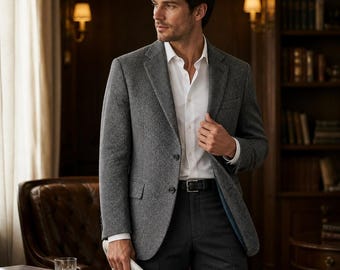 Vintage Anderson-Little Harris Tweed Sport Coat Gray Herringbone Pattern 44R USA, Dressy Elegant Elevated Luxurious Designer Sophisticated