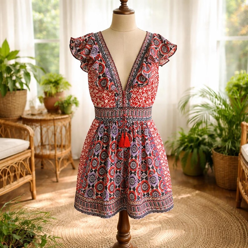 May include: A patterned, short-sleeved dress with a deep V-neck and a fitted waist. The dress features a red, white, and purple floral design with a tassel detail at the waist. The dress is displayed on a mannequin.