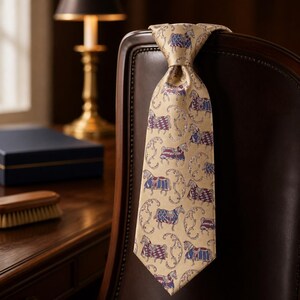 May include: A beige silk tie featuring a repeating pattern of horses in blue, red, and white. The tie is draped over a brown leather chair. The horses are adorned with saddles and decorative elements.