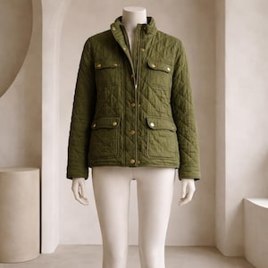 May include: Olive green quilted jacket with a stand-up collar, four front pockets, and gold-tone button and zipper closures. The jacket is displayed on a mannequin. The jacket has a diamond pattern.