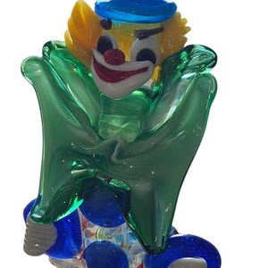 Vintage MCM Murano Handblown Glass Clown Circus Figurine With A Large Green Bow, Murano Art Glass Italy 1950s