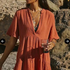 May include: Rust-colored short dress with a V-neck and short sleeves. The dress has a tiered, flowing design. The model is holding a glass of water. The website editorialist.com is visible in the image.