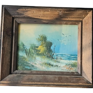 Vintage Original Beach Scene Oil Painting In Canvas With Seagulls,  Artist Signed Artwork In A Dark Solid Wood Frame