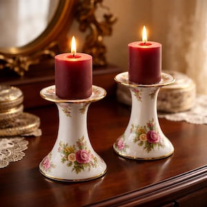 Victorian Shabby Chic Vintage Royal Albert Old Country Roses Montrose Easter Spring Candlestick Holders Trimmed In 22Karat Gold Flair
