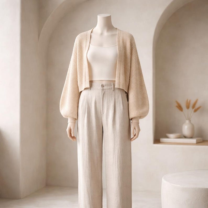May include: A cream-colored outfit on a mannequin. The outfit includes a cropped, open-front cardigan with balloon sleeves, a tank top, and high-waisted, wide-leg pants. The ensemble is a neutral color, creating a cohesive and minimalist aesthetic.