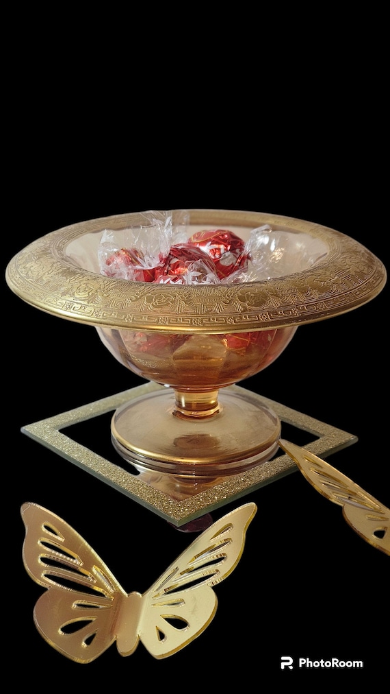 Vintage Amber Glass Bowl Dish Gold Edge Round Fleur De Lis Dot Rolled Pedestal Embossed.