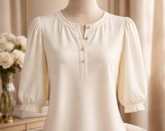 Vintage Ralph Lauren 3/4 Puff Sleeve Blouse Button Front 100% Cotton Size 2XL. Feminine Cottagecore Summer Y2K 90s Preppy Blouse