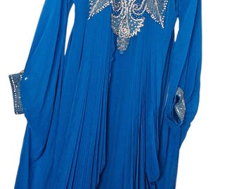 Hand Beaded Luxurious Royal Dubai Caftan Abaya  With Silver Rhinestones Accents,  Farasha Caftan,  Maxi Dress, Victorian Caftan With Sleeves