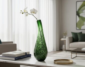 Vintage  Avocado Texture Green Blown Glass Bud Vase, Rare Find Green Gourd Curved Vase, Large Hand Blown Art Glass, Luxurious Designer Decor