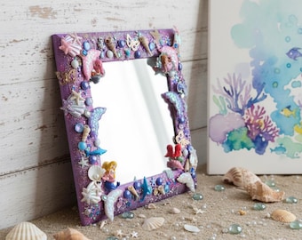 3D Mermaid Themed Mirror Handcrafted Handmade Square Wooden Mirror Wall Decor for Home, Christmas Gift, Mirror