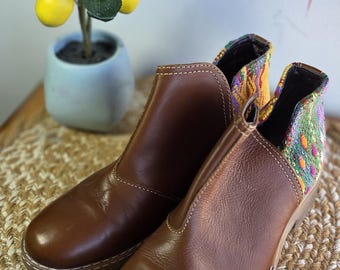 Leather Cowboy Booties, Western Bohemian Mid-Calf Pull On Boots, Size 7