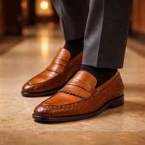 May include: Brown leather loafers with a woven texture on the vamp and a fringed strap. The shoes have a classic design with a rounded toe and a low heel. The loafers are worn with gray trousers and black socks.